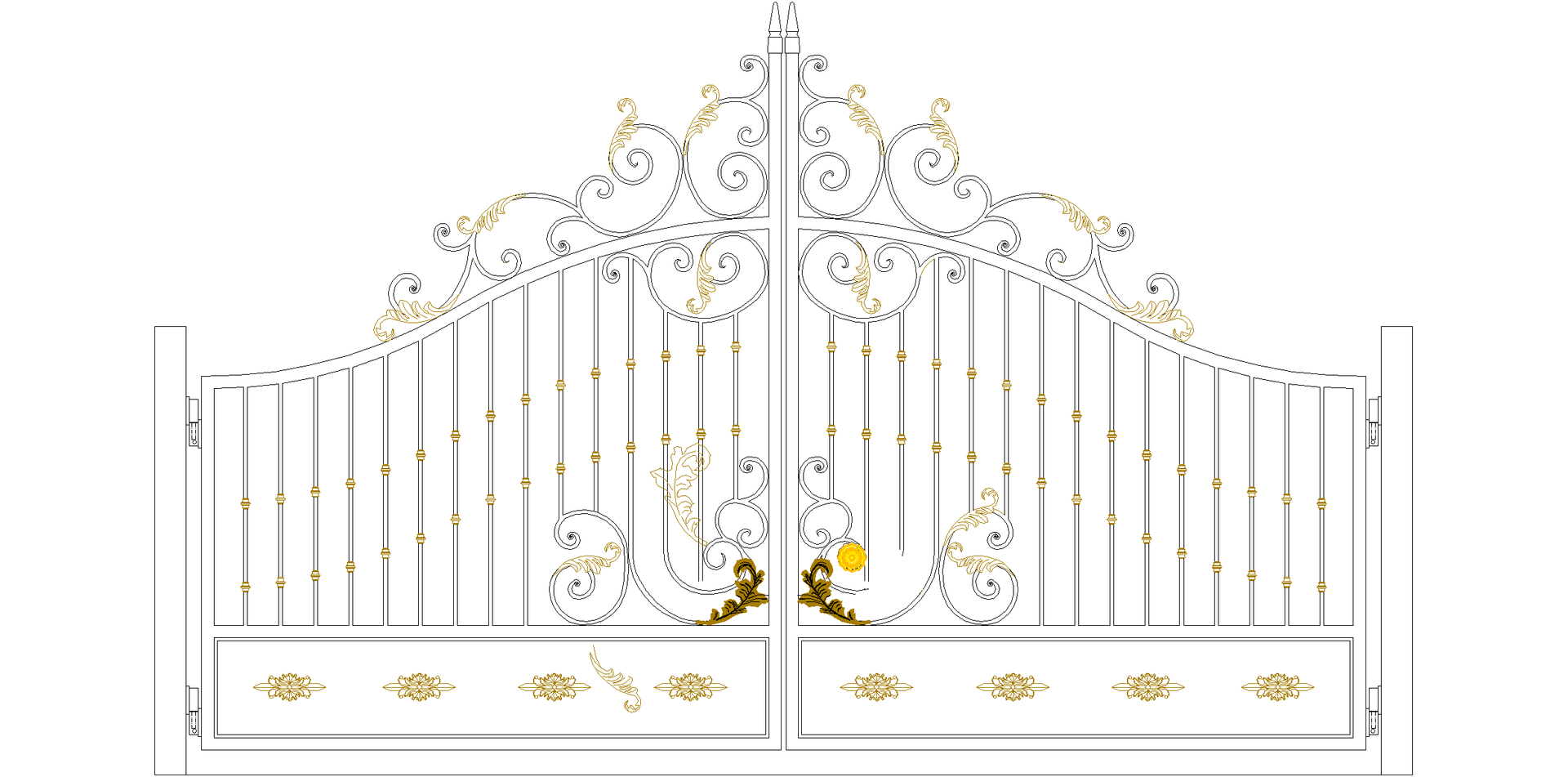 Gate with spiderweb design, black and white.