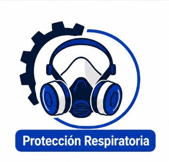 Logo azul de protección respiratoria con máscara y engranaje, texto “Protección Respiratoria”