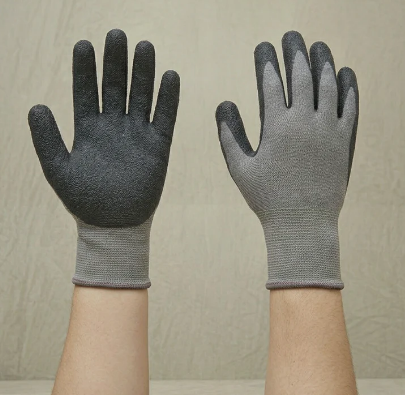 Dos guantes de trabajo grises, uno con la palma recubierta de negro, exhibidos uno al lado del otro en los antebrazos.