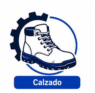 Bota de trabajo blanca y azul delante de un engranaje, con la etiqueta “Calzado” debajo.