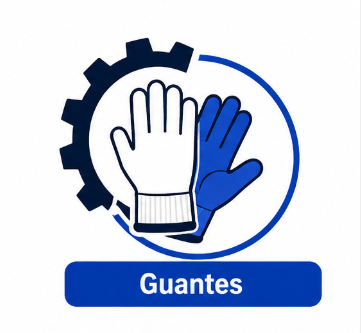 Logo de guantes con dos manos, una blanca y una azul, sobre fondo circular azul y engranaje negro.