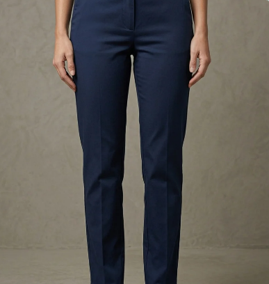 Persona con pantalones de vestir azul marino sobre un fondo neutro.