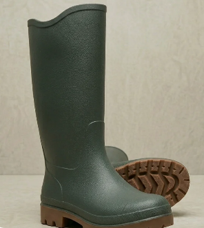 Botas de goma verdes con suelas marrones, mostradas en posición vertical y tumbadas de lado sobre un fondo liso.