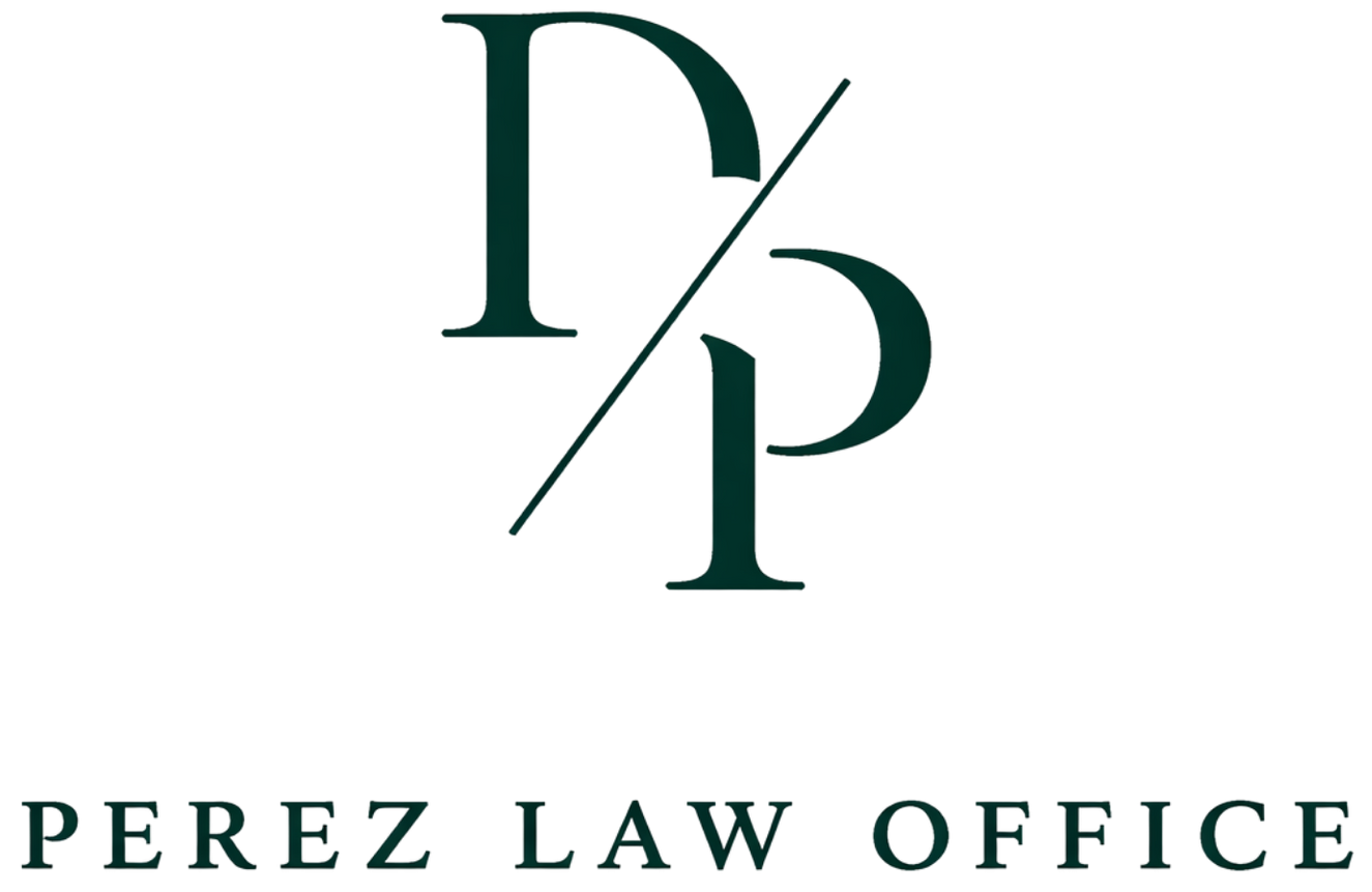 Logo for Perez Law Office featuring a dark green monogram of the letters 