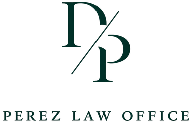 Logo for Perez Law Office featuring a dark green monogram of the letters