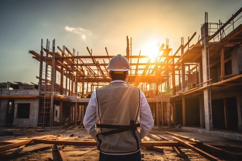 A construction worker is standing in front of a building under construction.