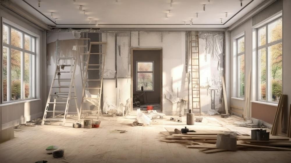 A room is being remodeled with a lot of windows and a ladder.