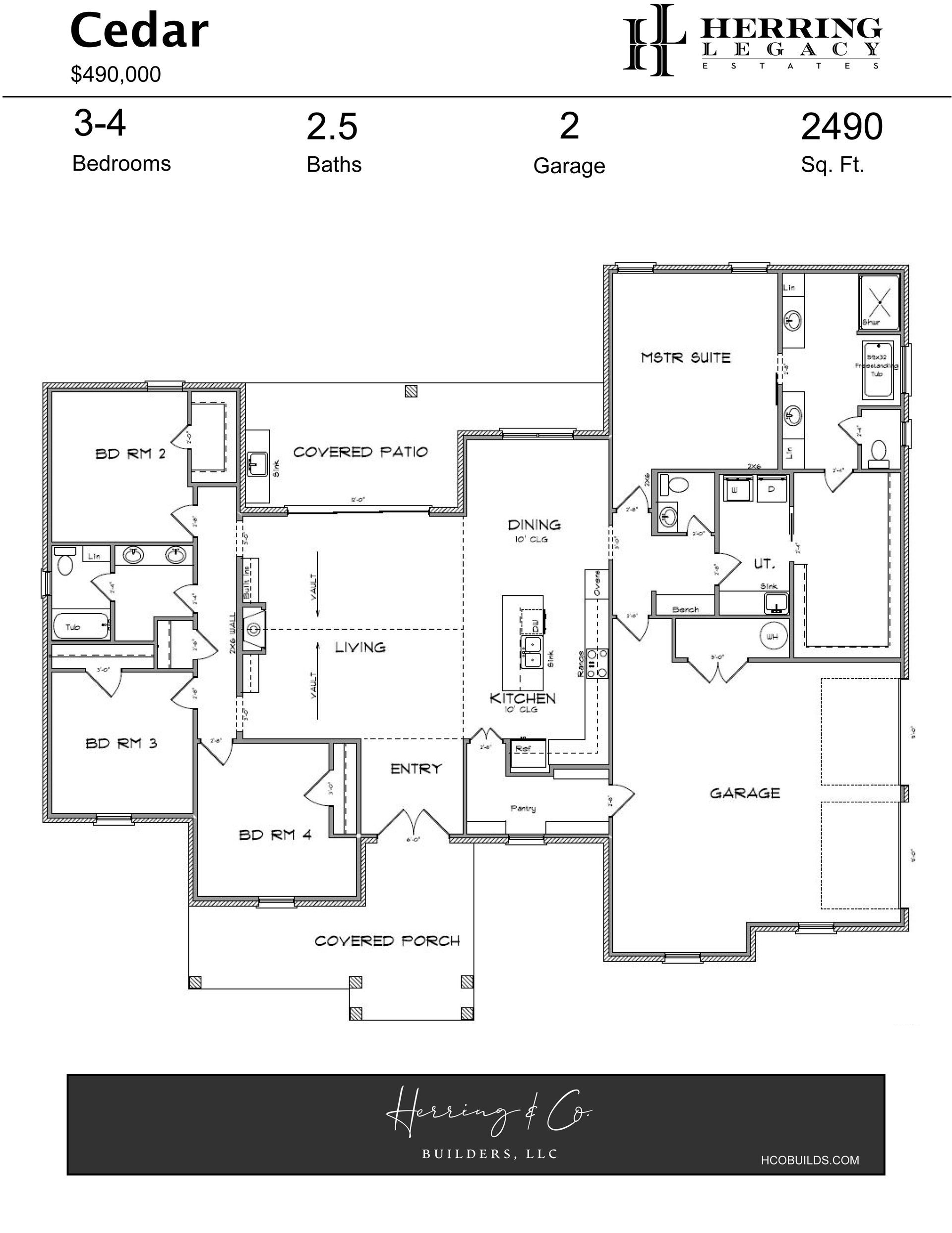 Floor plan of a Cedar home with 3-4 bedrooms, 2.5 baths, 2 garages, and 2490 sq ft.