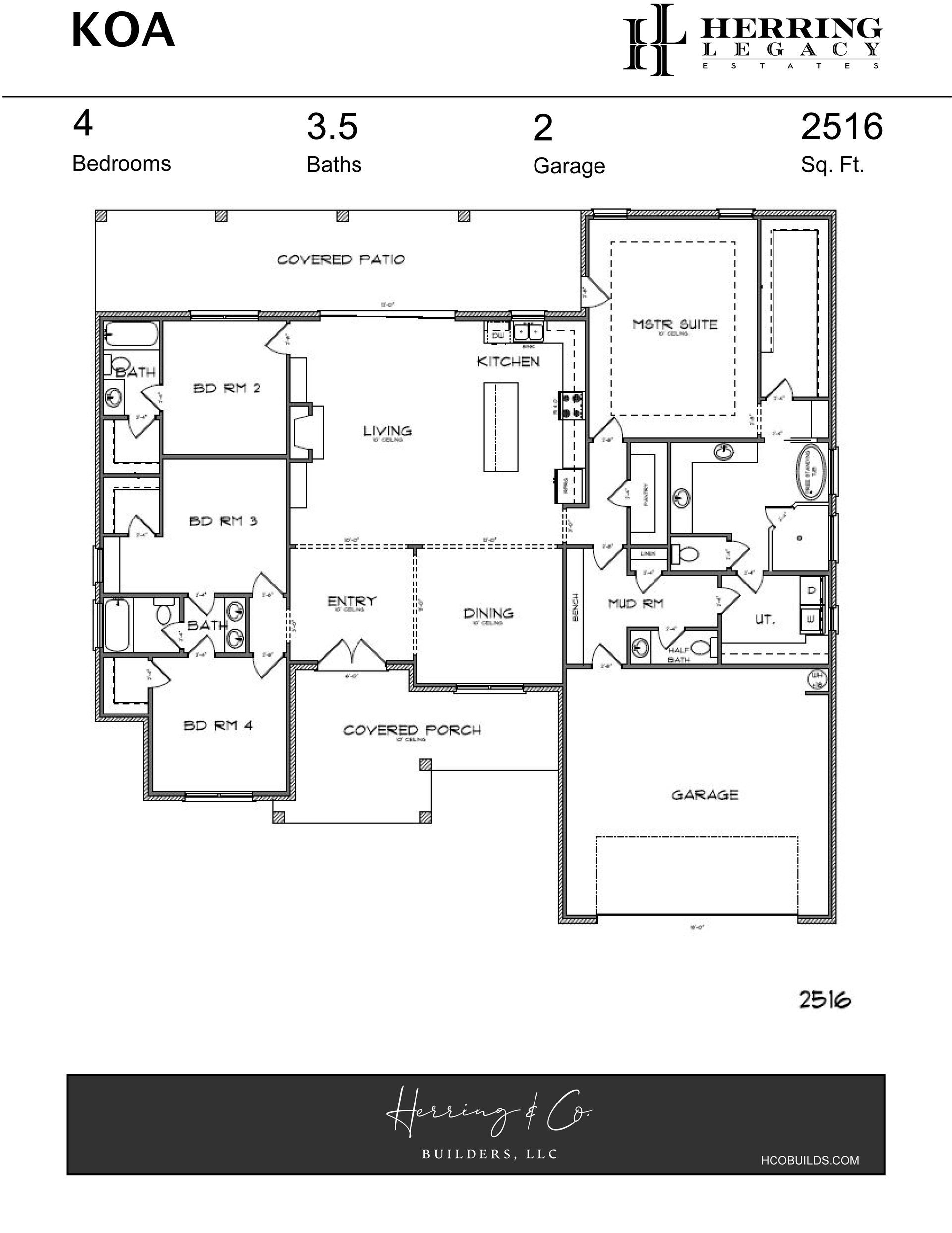 Floor plan for a home with four bedrooms, 3.5 baths, a two-car garage, and a patio.