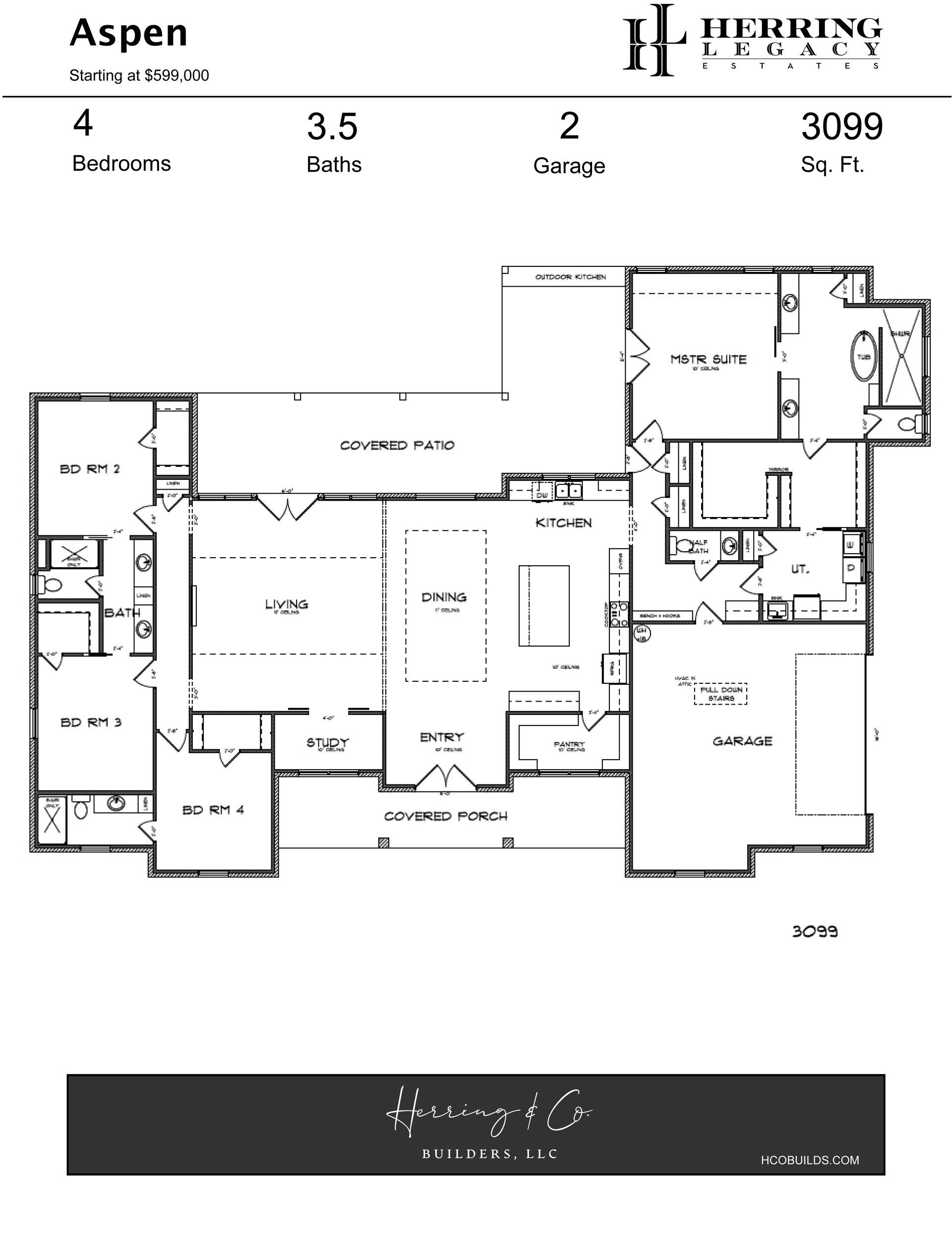 Floor plan of a house with 4 bedrooms, 3.5 baths, a 2-car garage, and 3,099 sq ft.