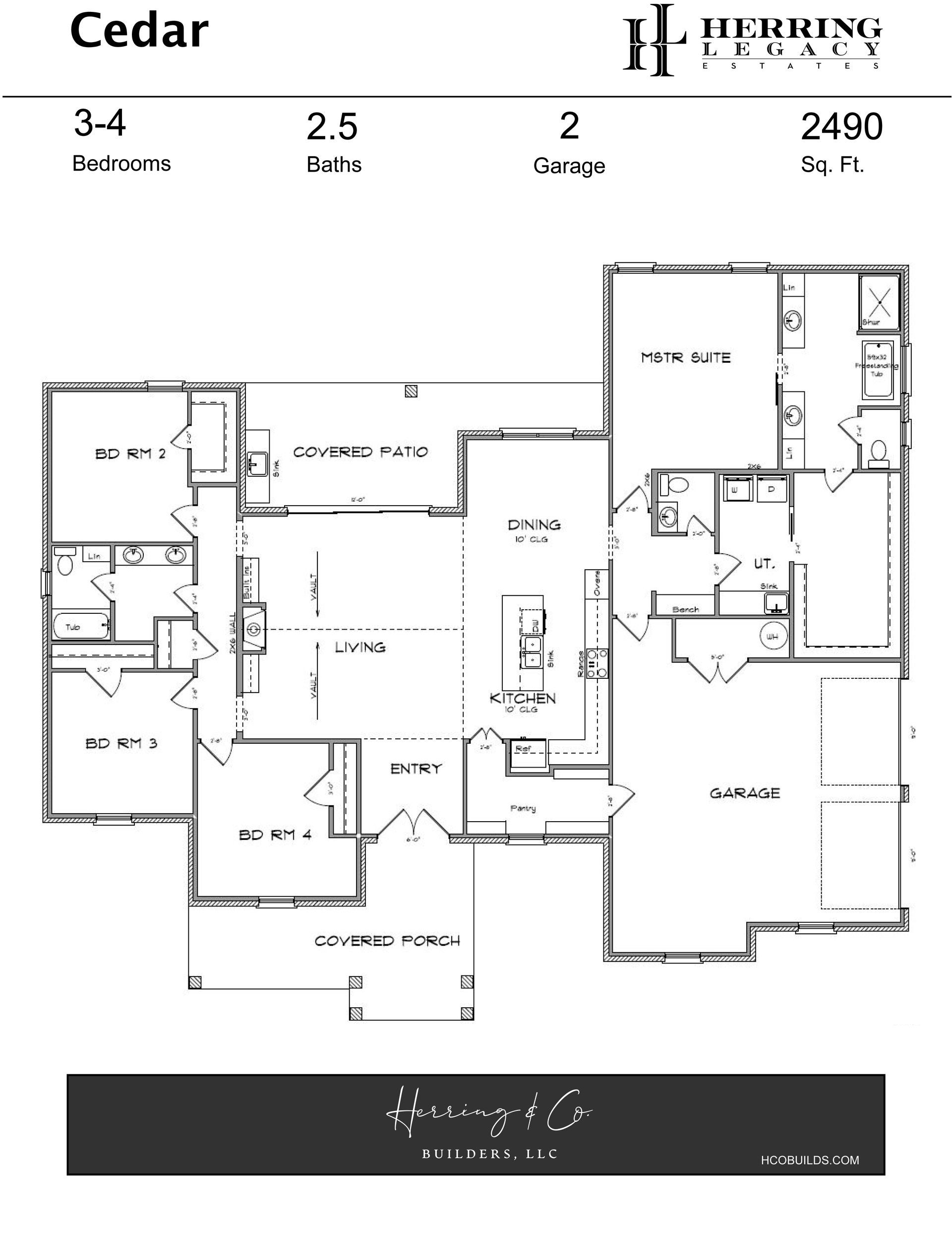 Floor plan of a house with 3-4 bedrooms, 2.5 baths, 2-car garage, and 2490 sq ft. Features include a covered porch.