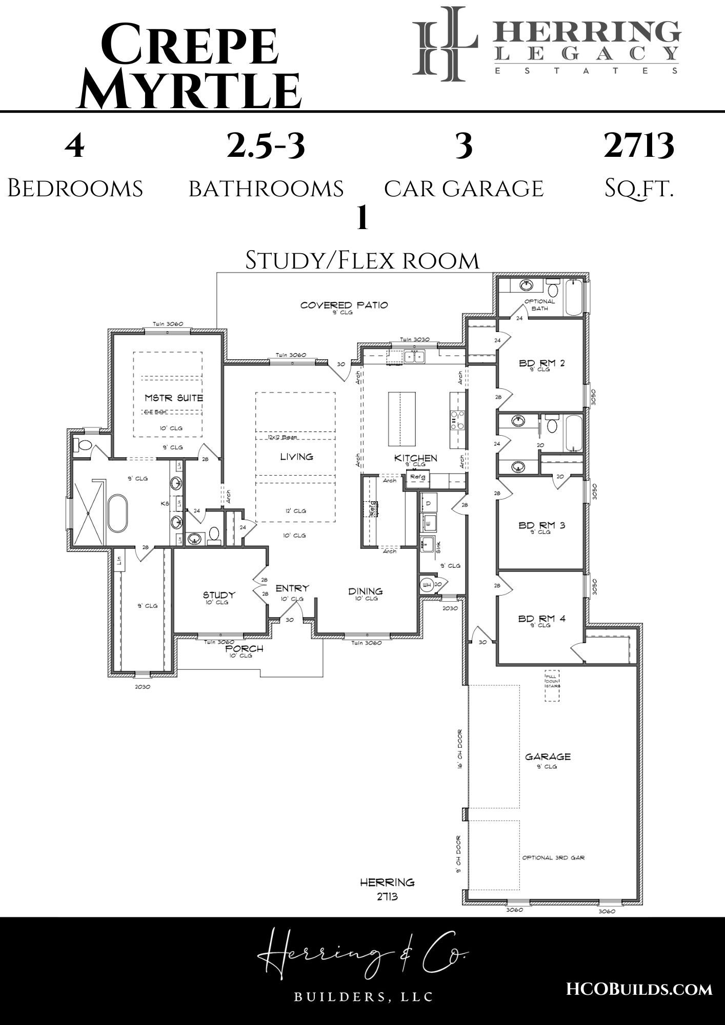 Floor plan of a house with four bedrooms, 2.5 baths, and a three-car garage; labeled 