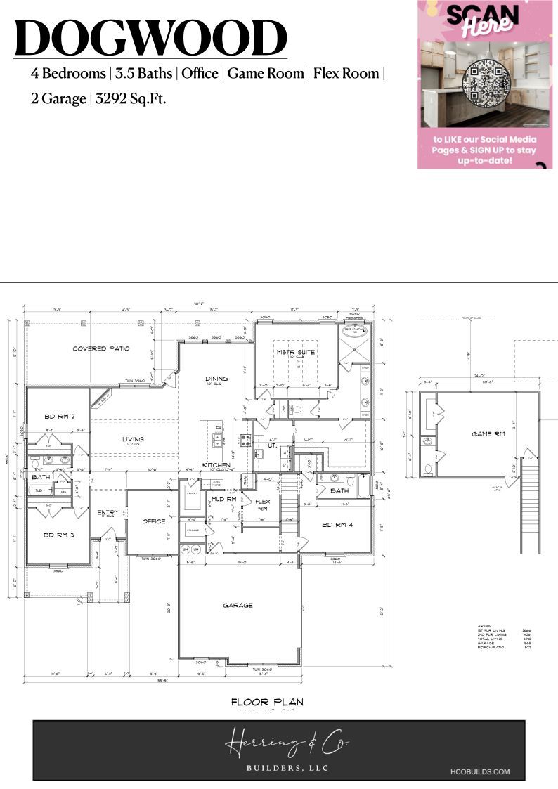 Floor plan of a house with four bedrooms, 2.5 baths, and a three-car garage; labeled 