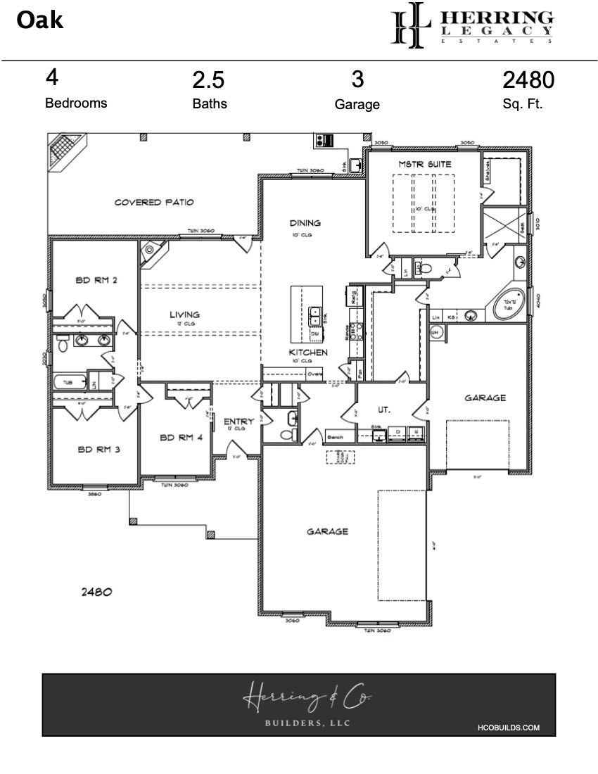 Floor plan of a house with four bedrooms, 2.5 baths, and a three-car garage; labeled 