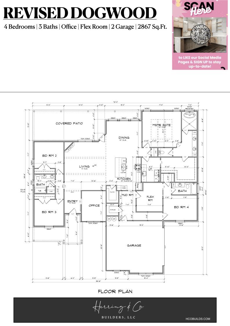 Floor plan of a house with four bedrooms, 2.5 baths, and a three-car garage; labeled 