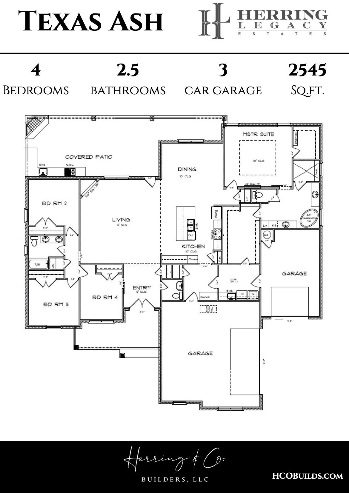 Floor plan of a house with four bedrooms, 2.5 baths, and a three-car garage; labeled 