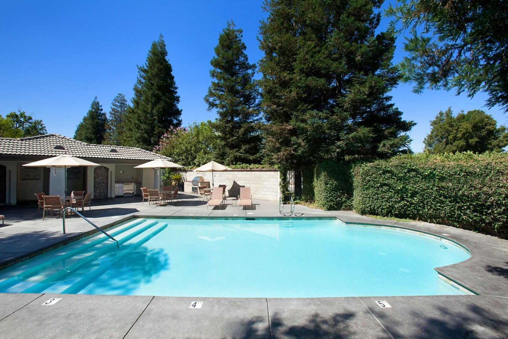 A large swimming pool with umbrellas and chairs around it