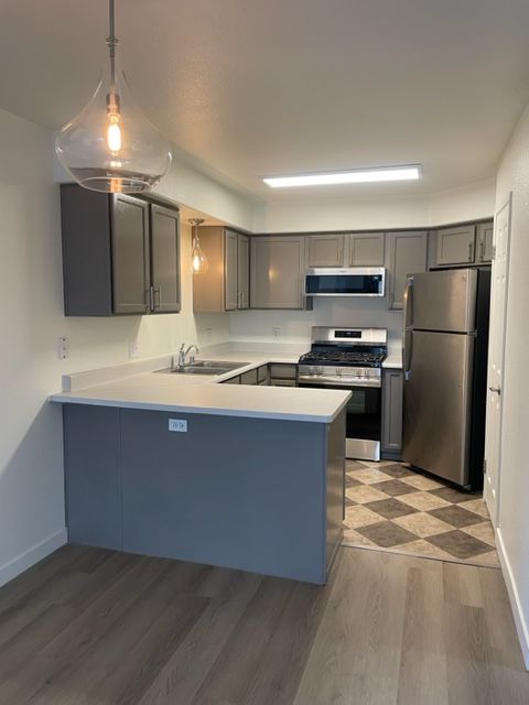 A kitchen with stainless steel appliances and gray cabinets