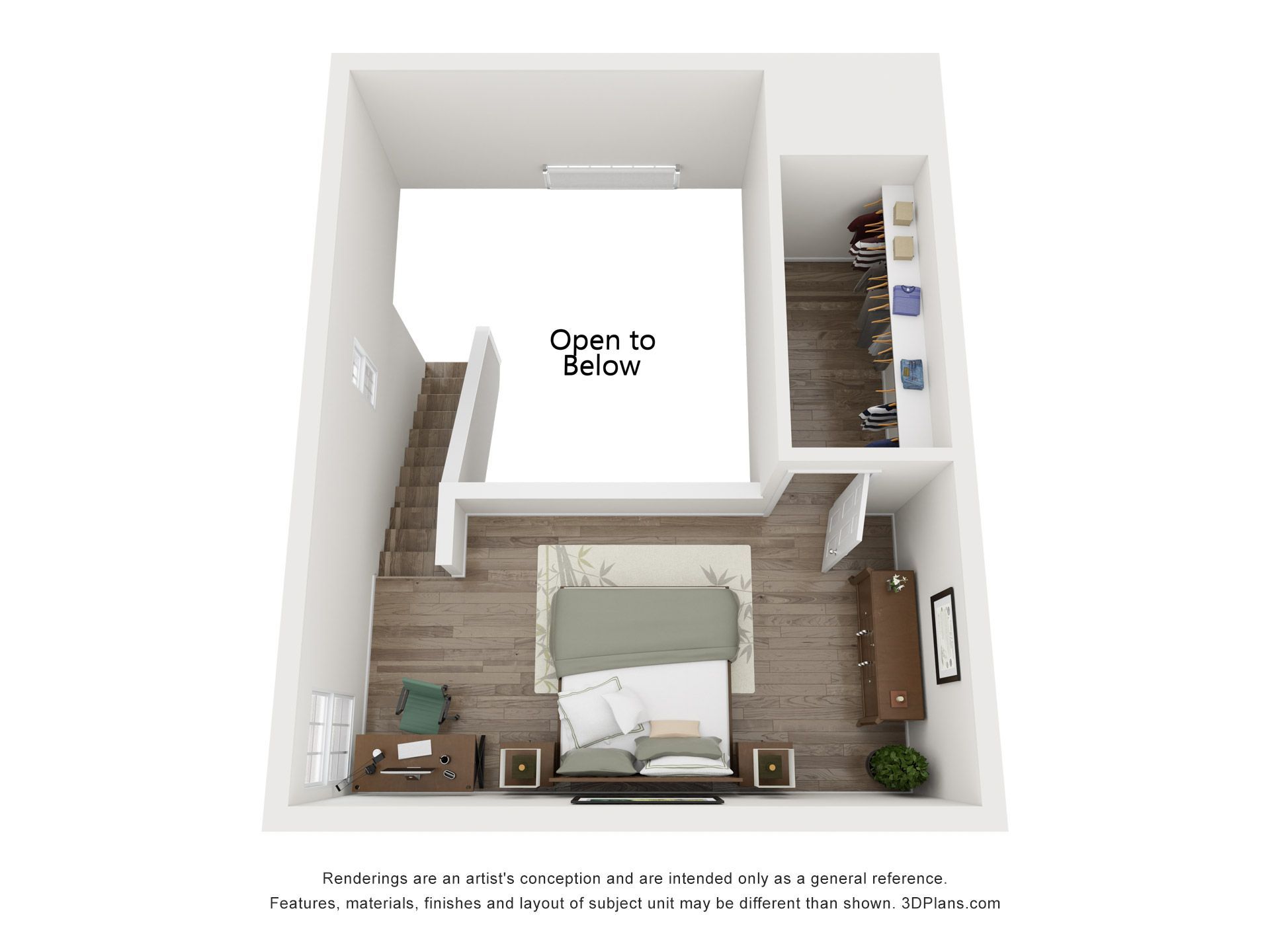 A 3d floor plan of a bedroom with a bed , dresser , and desk.