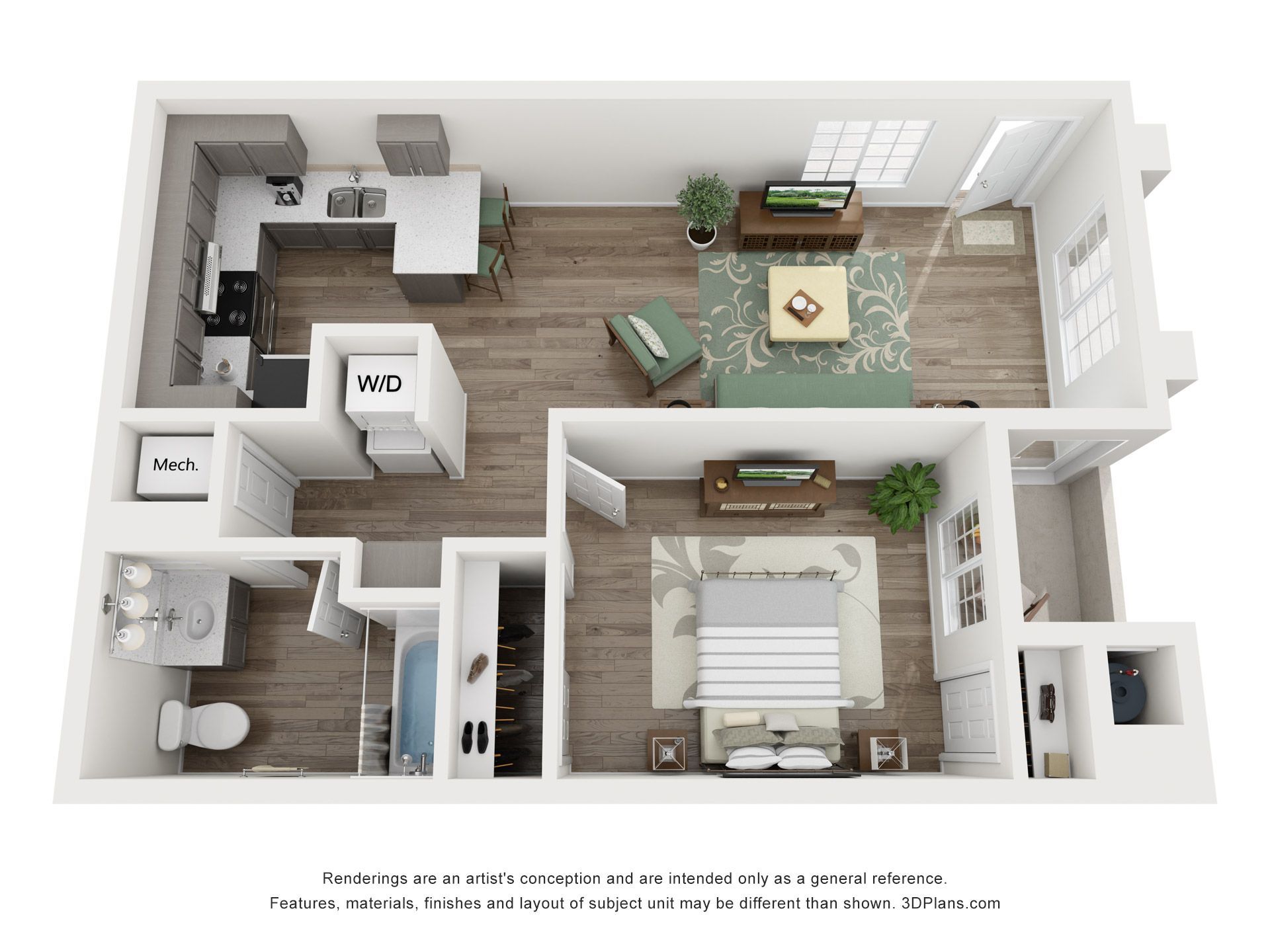 A 3d floor plan of a house with a bedroom , living room , and kitchen.