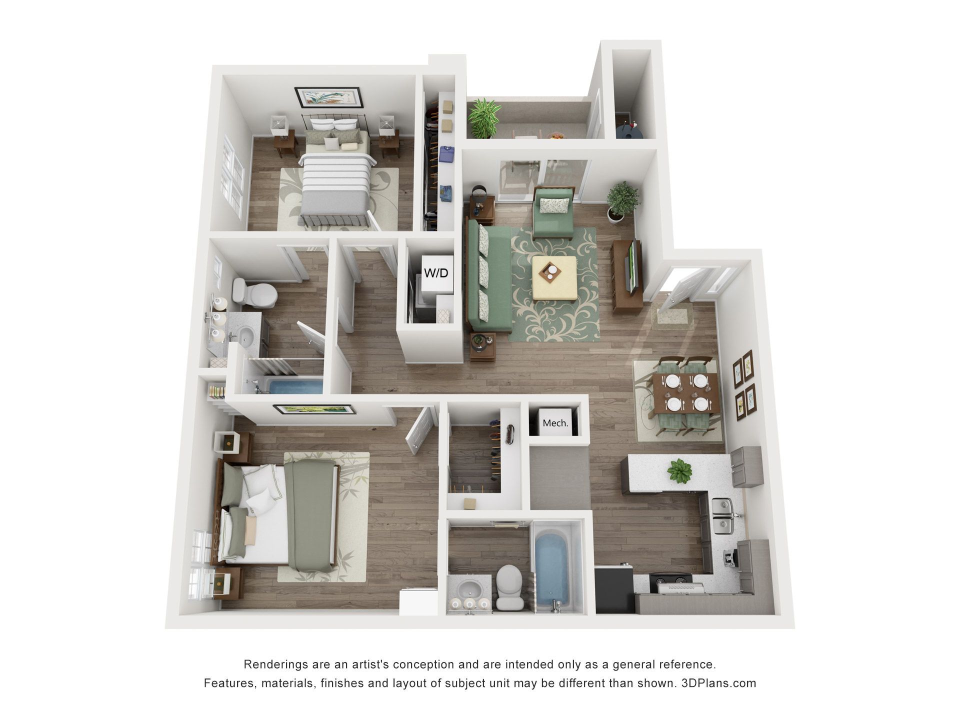 A 3d floor plan of a house with a bedroom , living room , and bathroom.