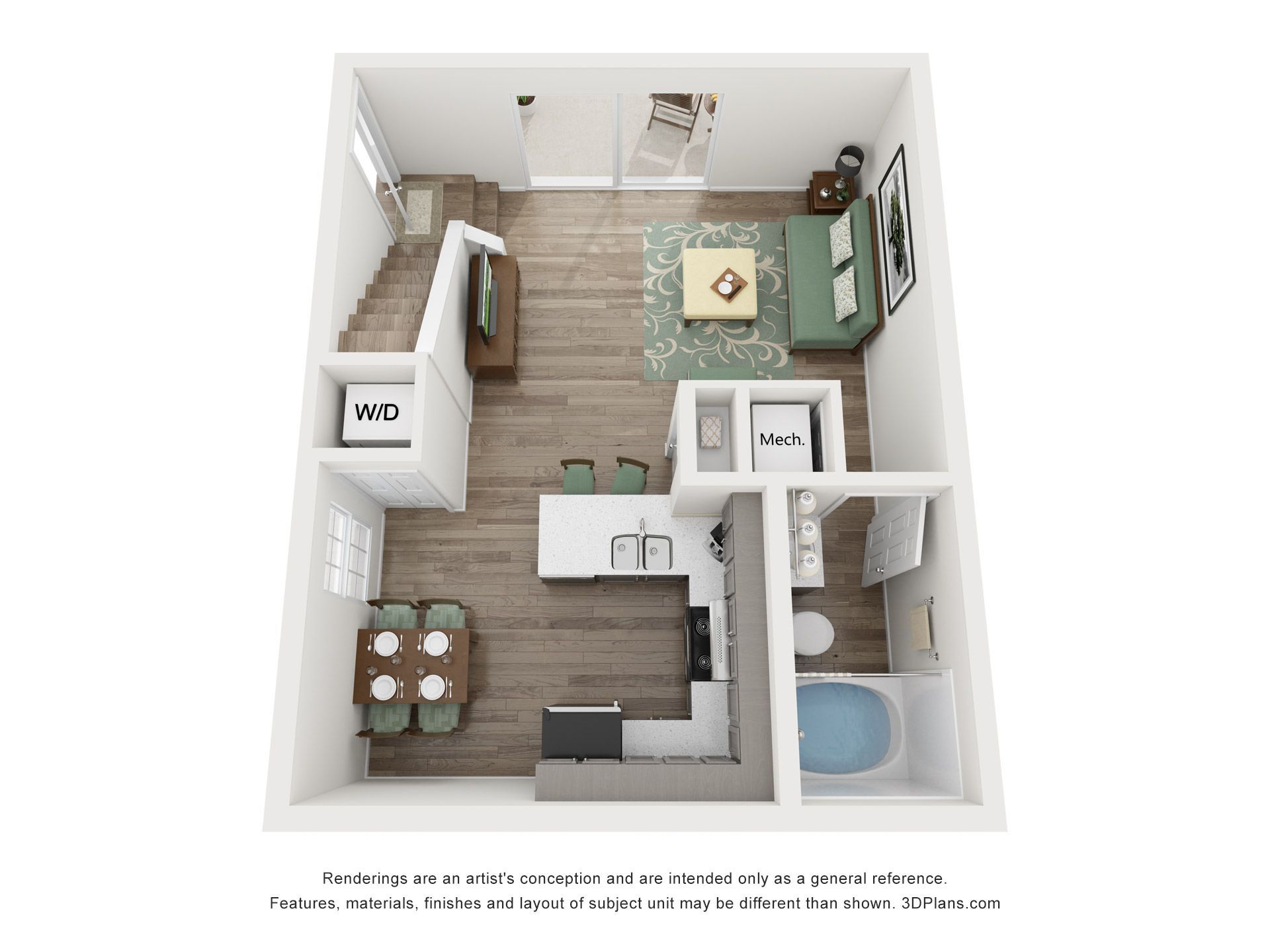 A 3d floor plan of a small apartment with a living room , kitchen , and bathroom.