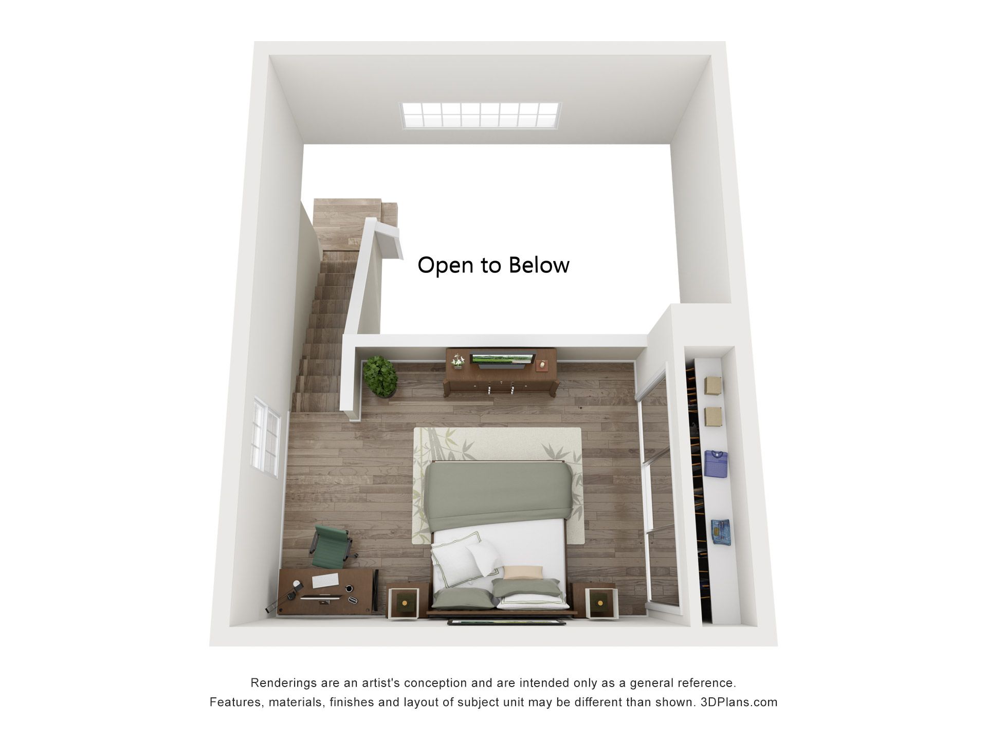 A 3d floor plan of a bedroom with a bed and stairs.