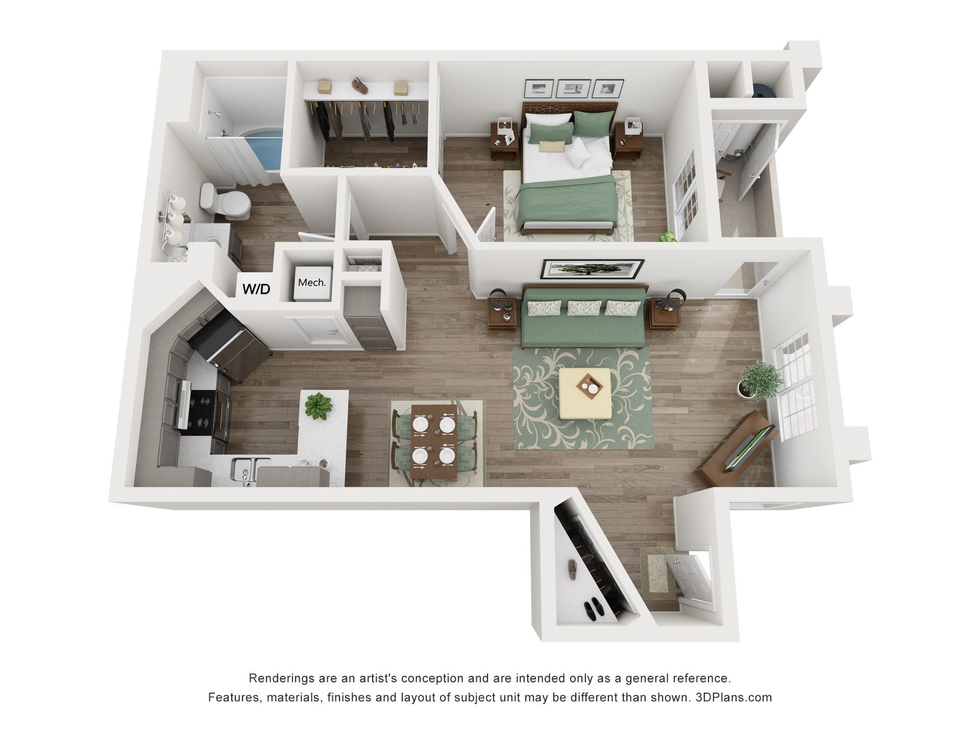 A 3d floor plan of a house with a bedroom , living room , and kitchen.