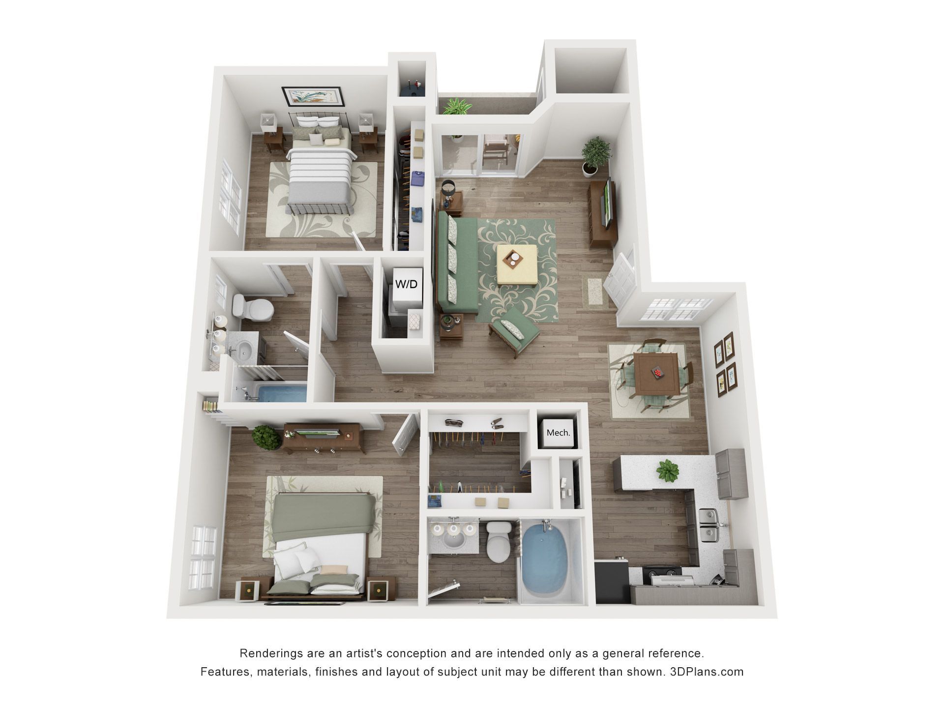 A 3d floor plan of a house with a bedroom , living room , and bathroom.