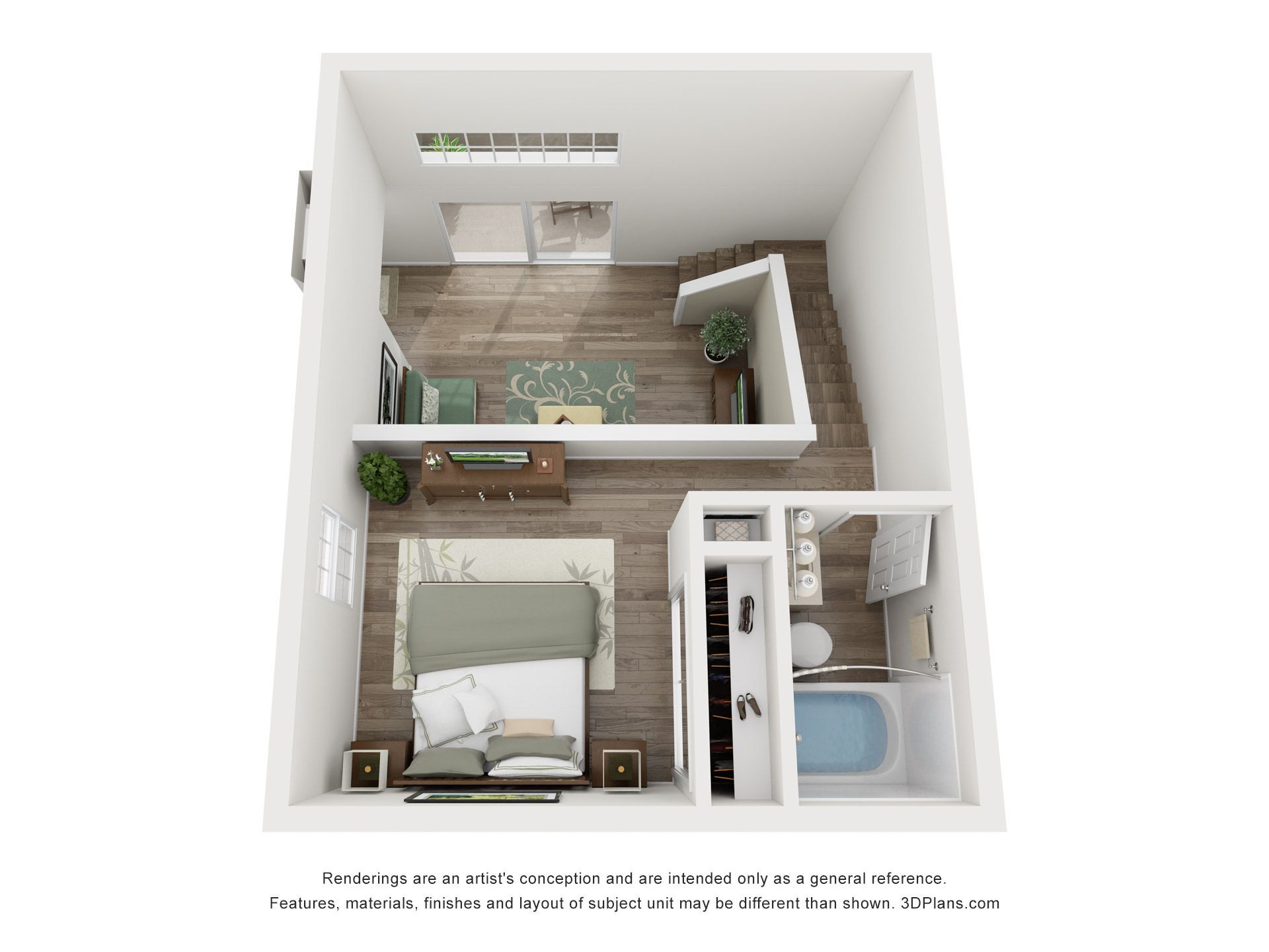 A 3d floor plan of a small apartment with a bedroom , living room , and bathroom.