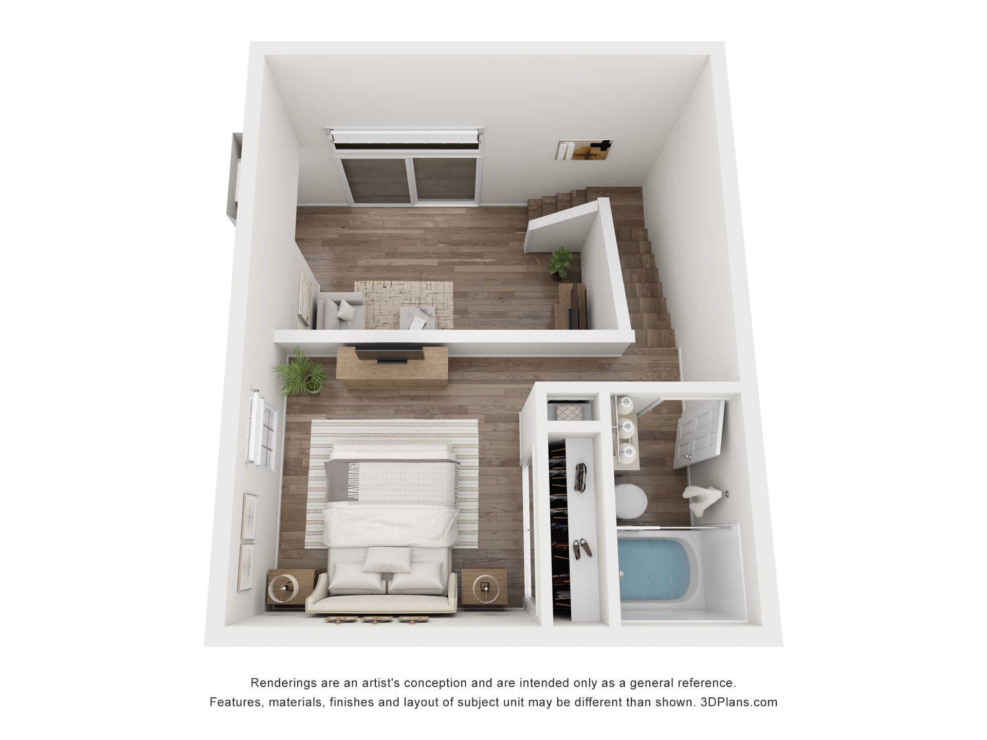 A 3d floor plan of a small apartment with a bedroom , living room , and bathroom.