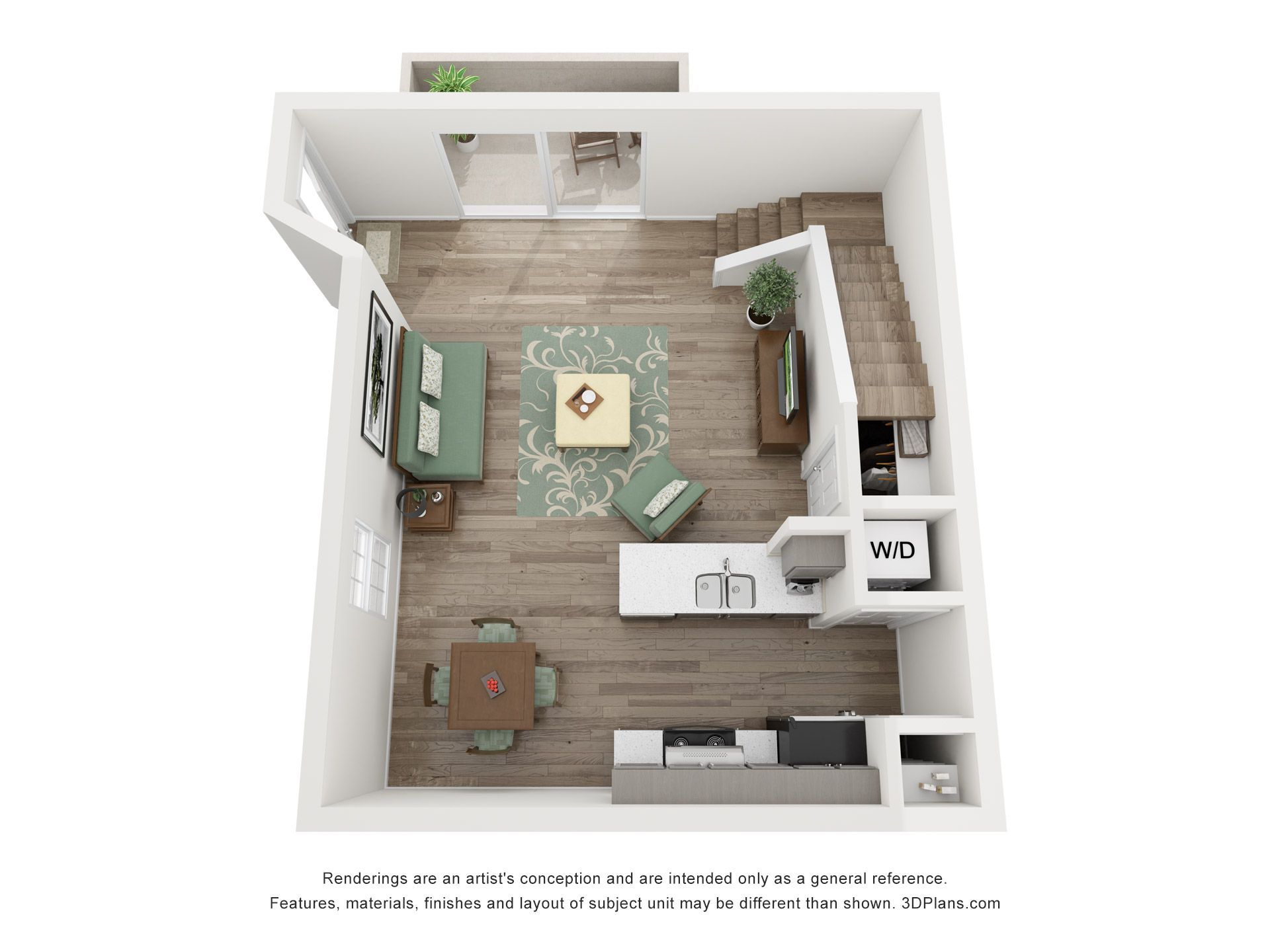 A 3d floor plan of a house with a living room , dining room , and kitchen.