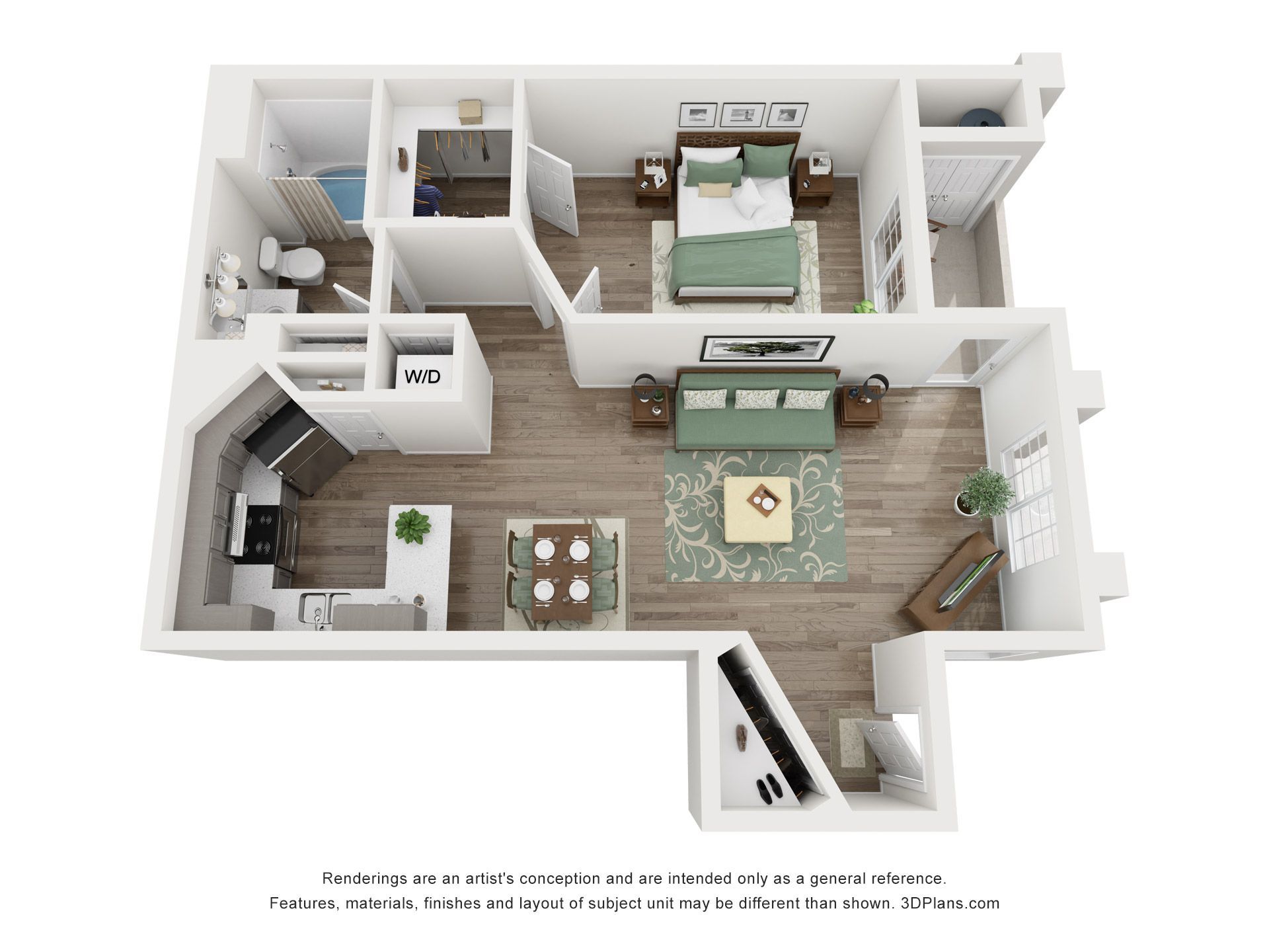 A 3d floor plan of a house with a bedroom , living room , and kitchen.