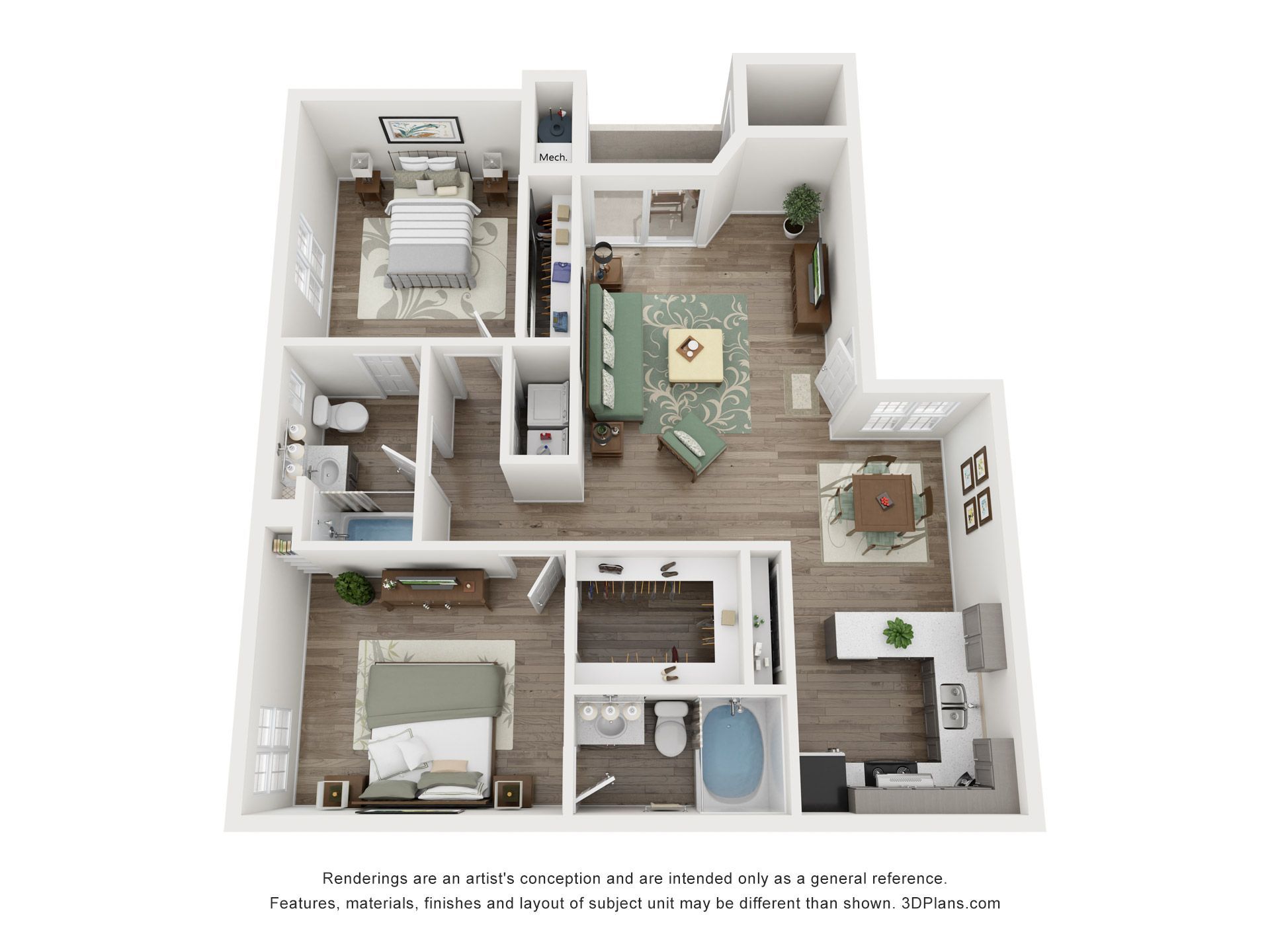 A 3d floor plan of a house with a bedroom , living room , and bathroom.