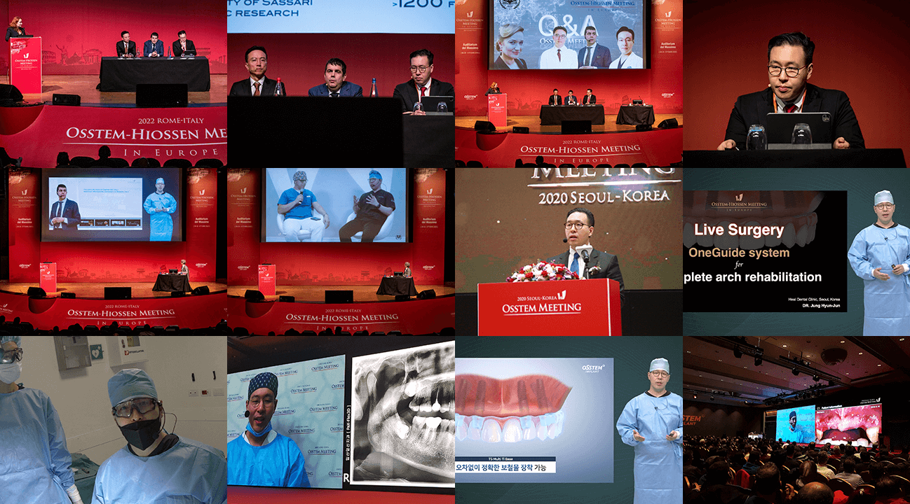 Scenes from a conference or medical presentation: speakers, surgery demos, and audience in a red-themed setting.