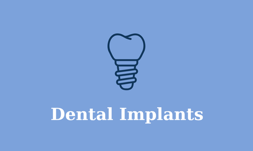 Dental implant icon, blue background, white text.