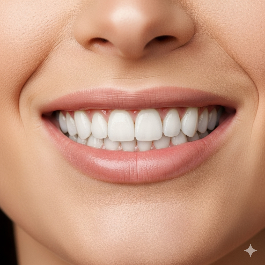 Close-up of a woman smiling, showing a set of perfect white teeth and pink lips.
