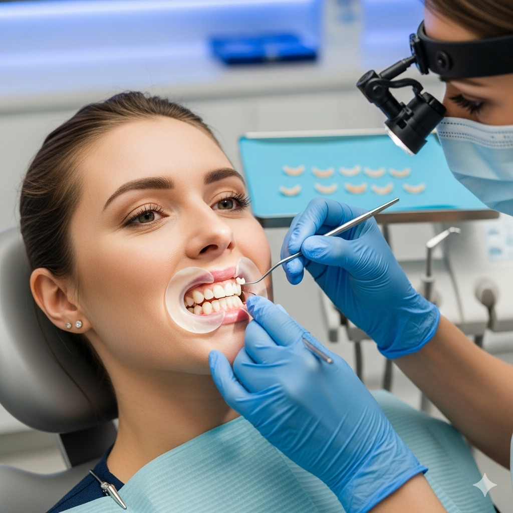 Dentist examining a patient's teeth. Woman in chair, mouth open with retractor, blue gloves, tools, dental office.