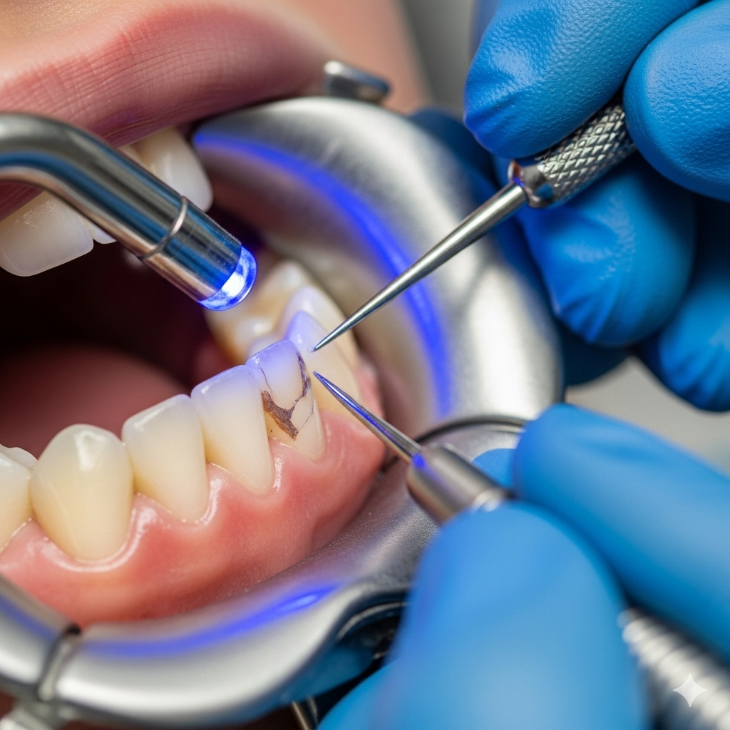 Dentist repairing a chipped tooth with blue light, using tools, in a dental setting.