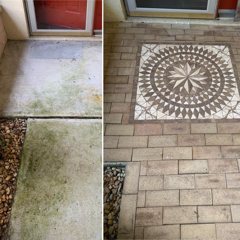 Before and after of a patio cleaned, showing a patterned brick floor after cleaning.