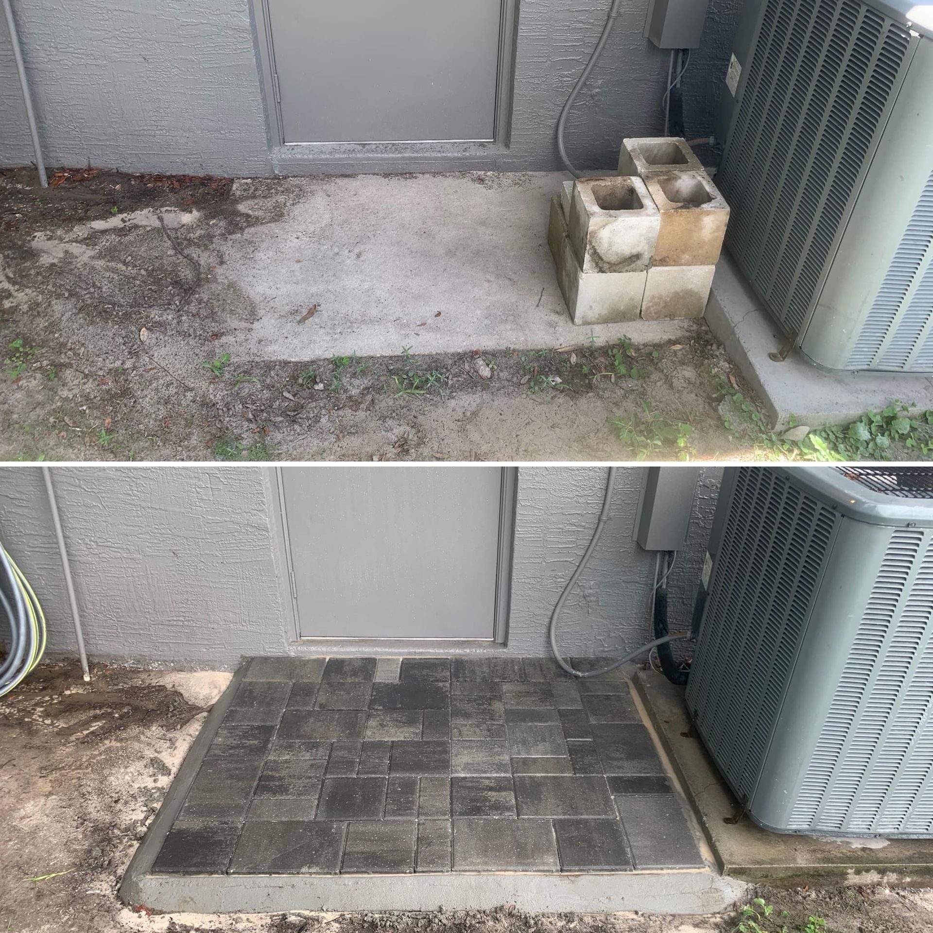 Before and after of a patio. Top: dirt and concrete. Bottom: paved with dark gray tiles. Door and AC unit on right.
