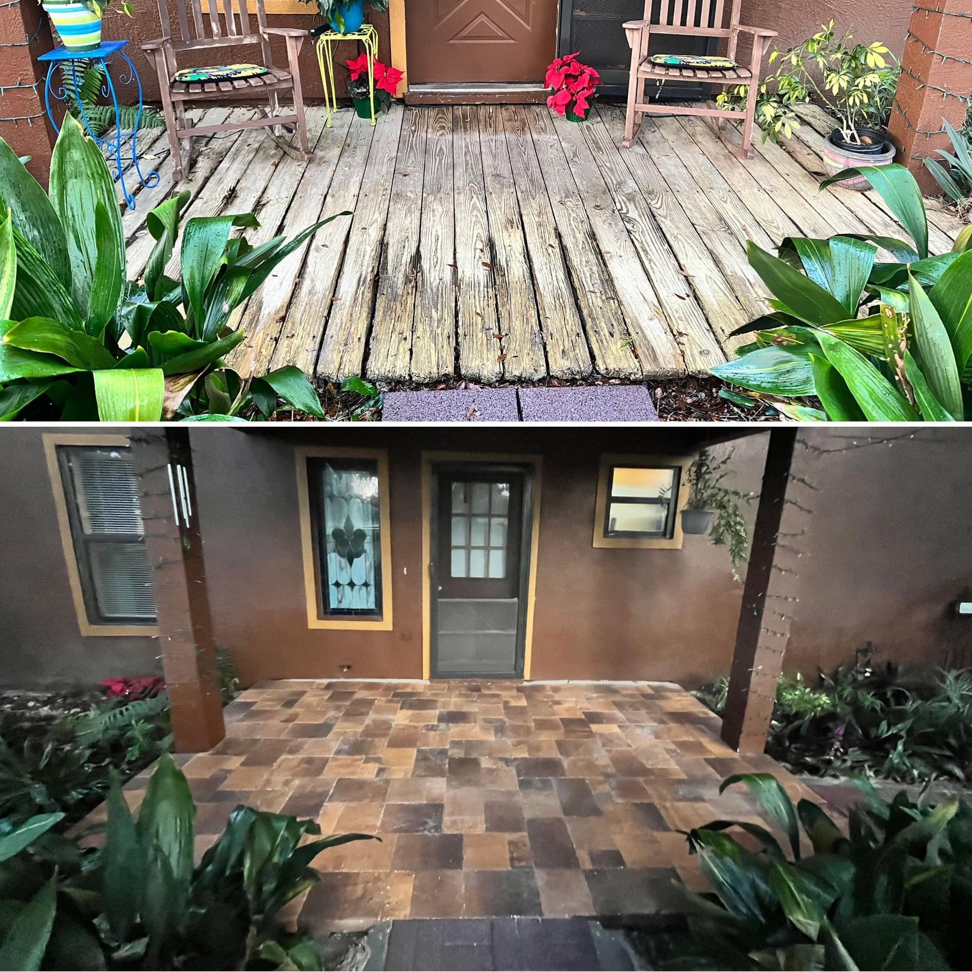 Top: old wooden deck. Bottom: brick paver patio. Both with lush green plants.