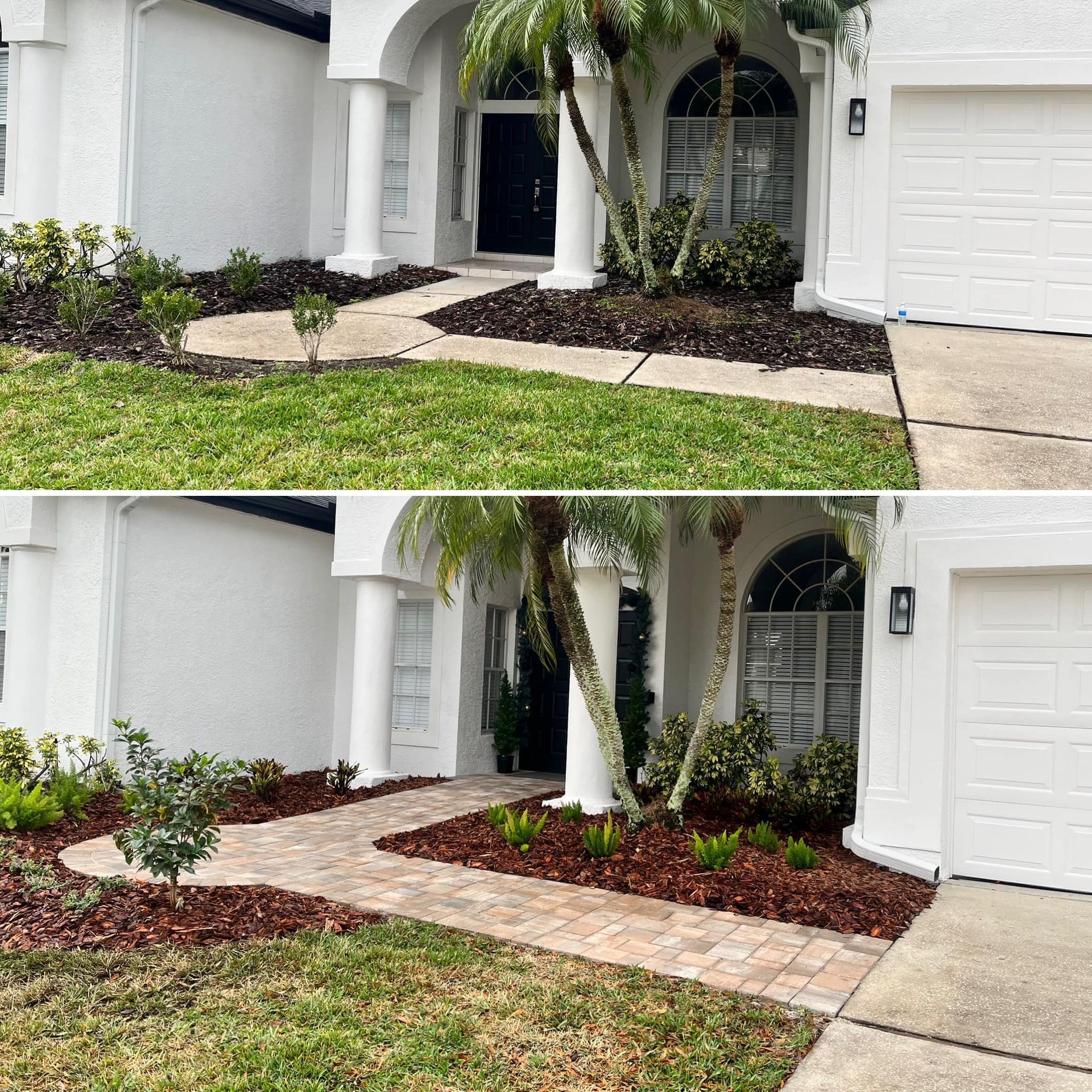 Before and after of a house's landscaping: path, lawn, flower beds, and mulch.
