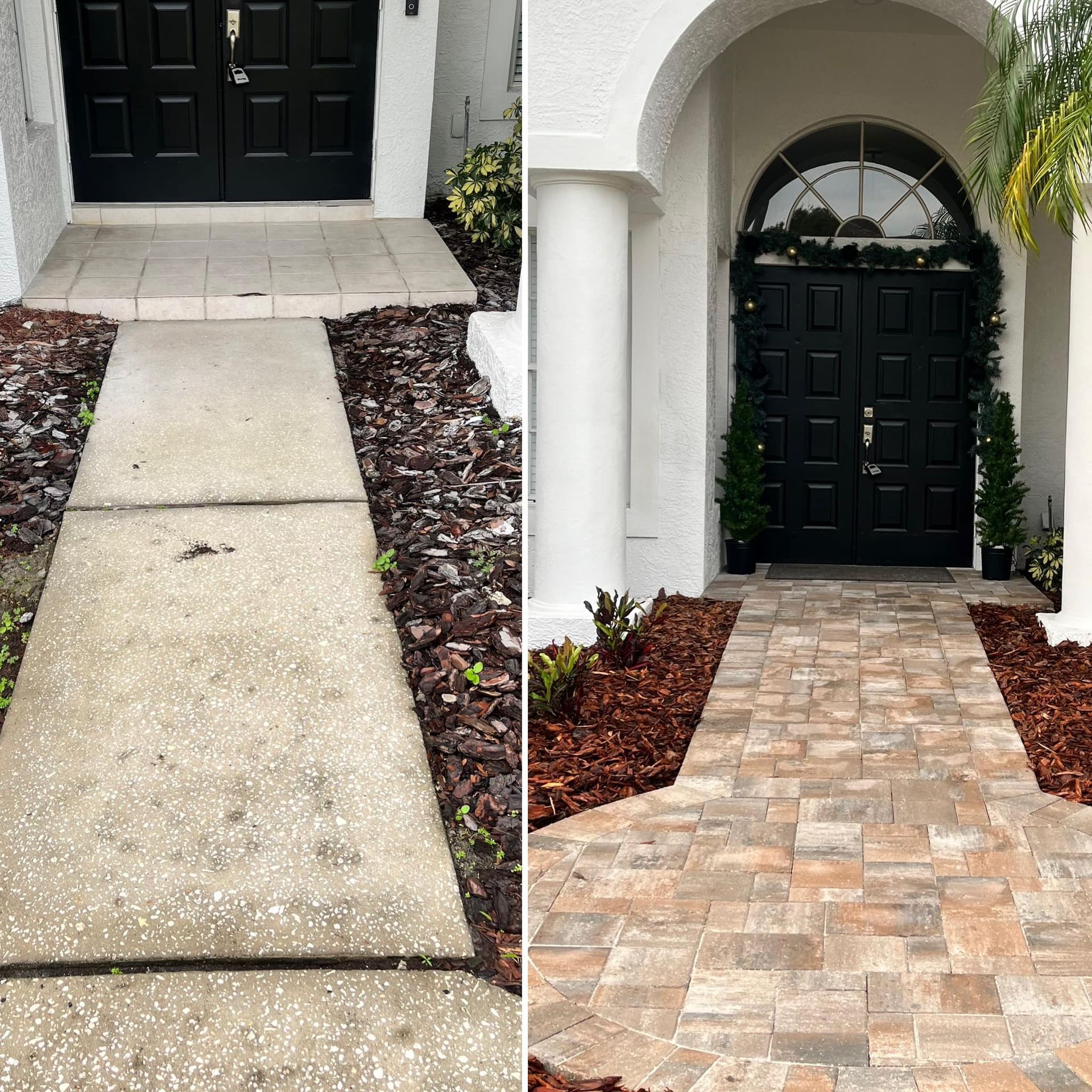 Before-and-after view of a walkway; old gray concrete to new brick pavers, with mulch and landscaping.
