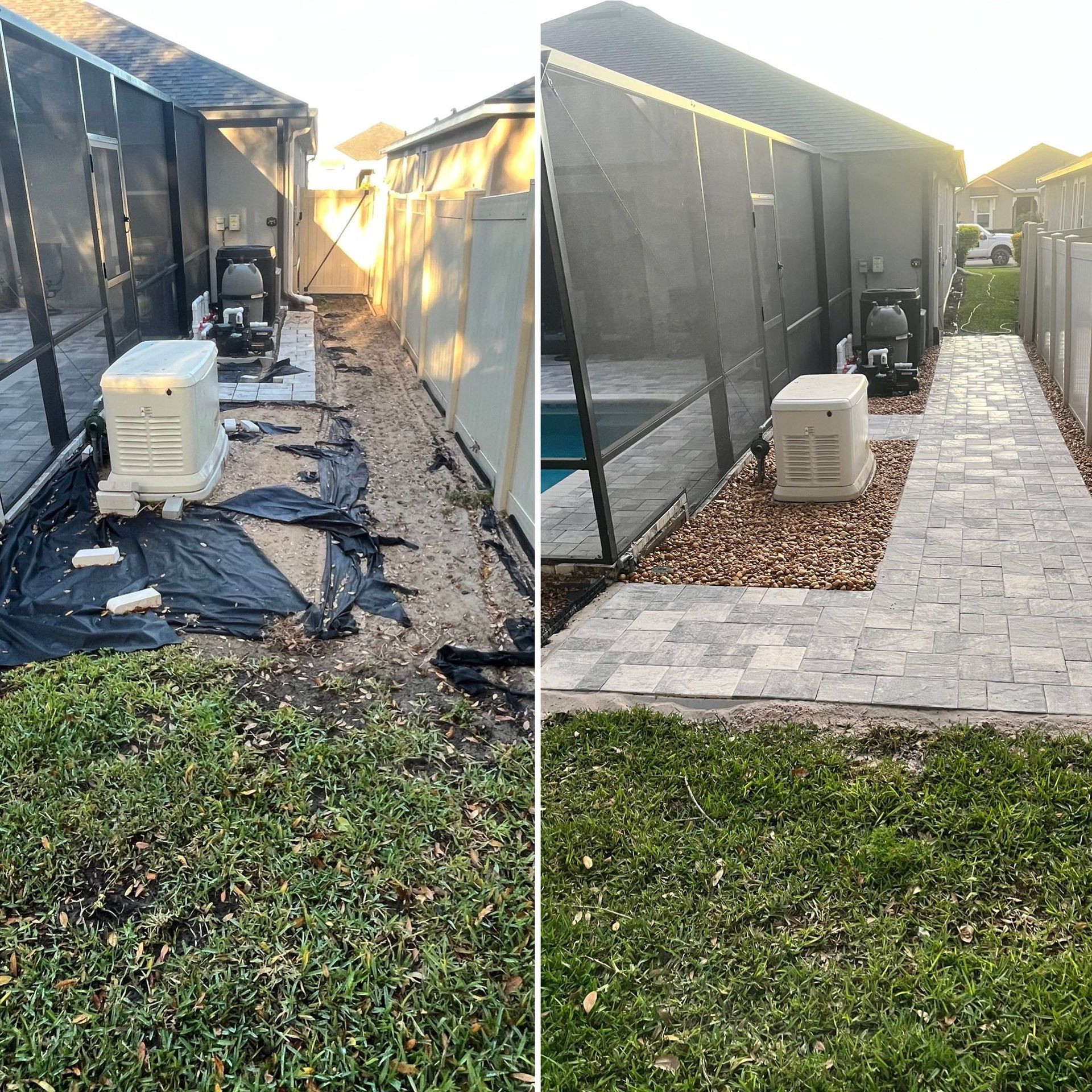 Before and after of backyard walkway paving project. The before shows dirt and debris, the after has paving stones.