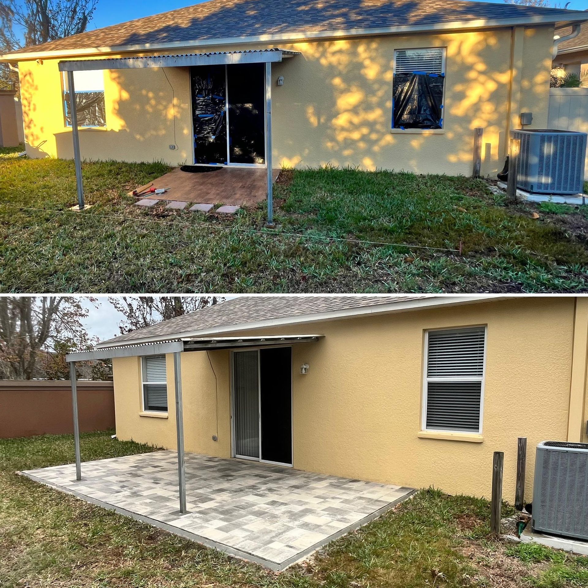 Before and after photos of a house patio being renovated; showing removal of old patio and installation of new pavers.