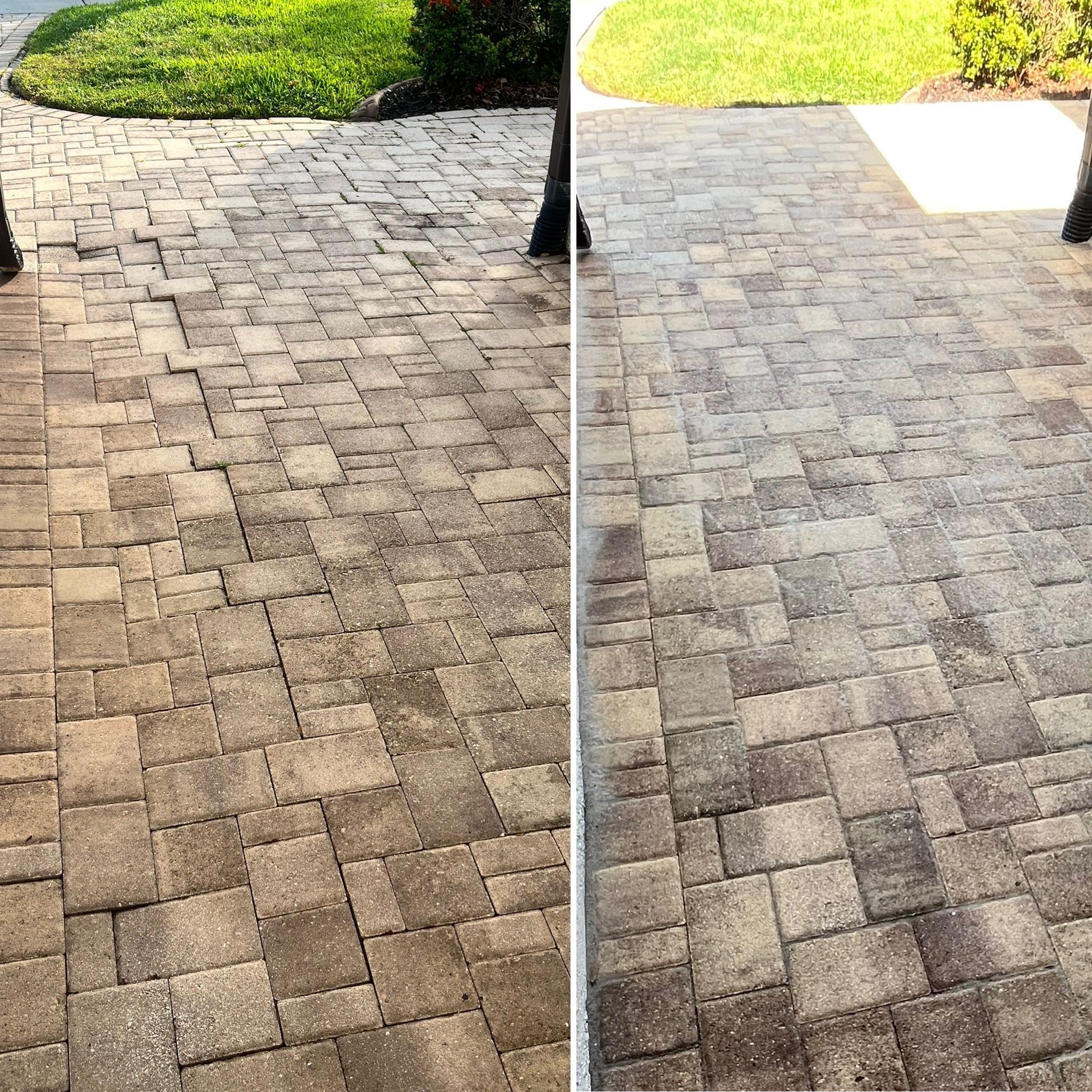 Before and after comparison of a brick paver walkway, showing the cleaning results.