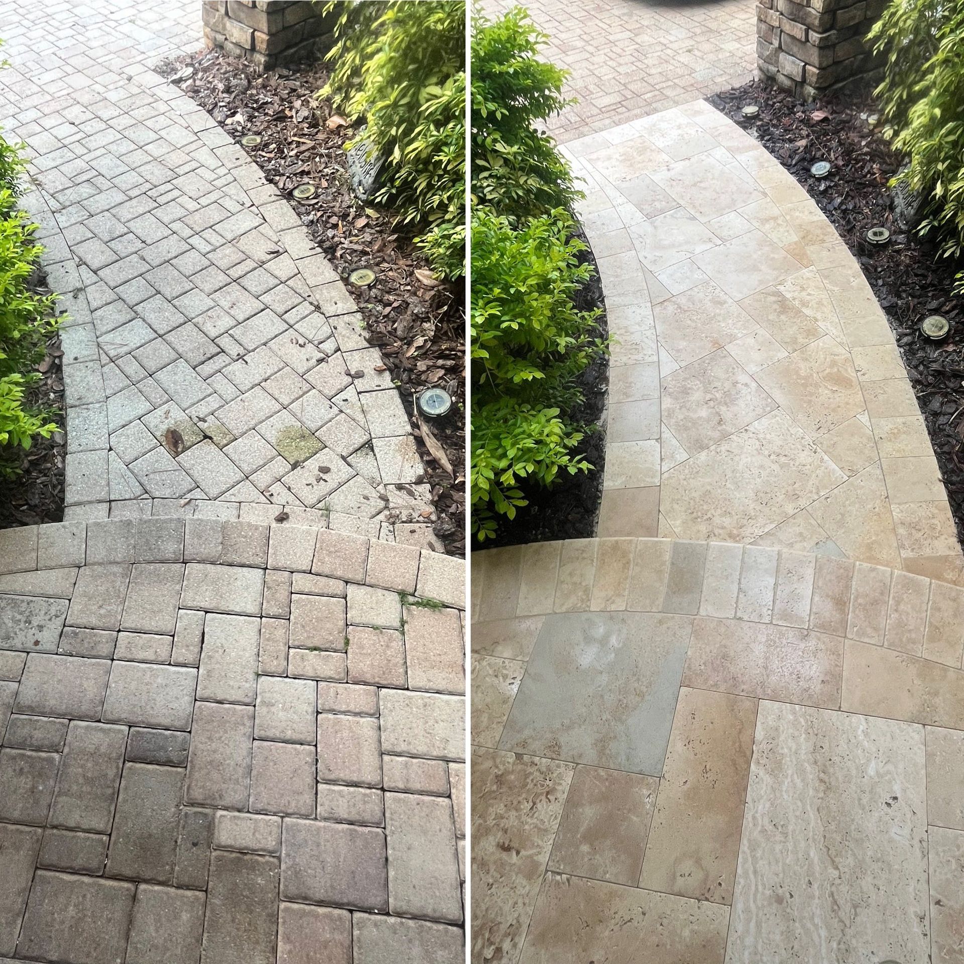 Before and after of a brick pathway and steps, cleaned, showing a significant color difference.