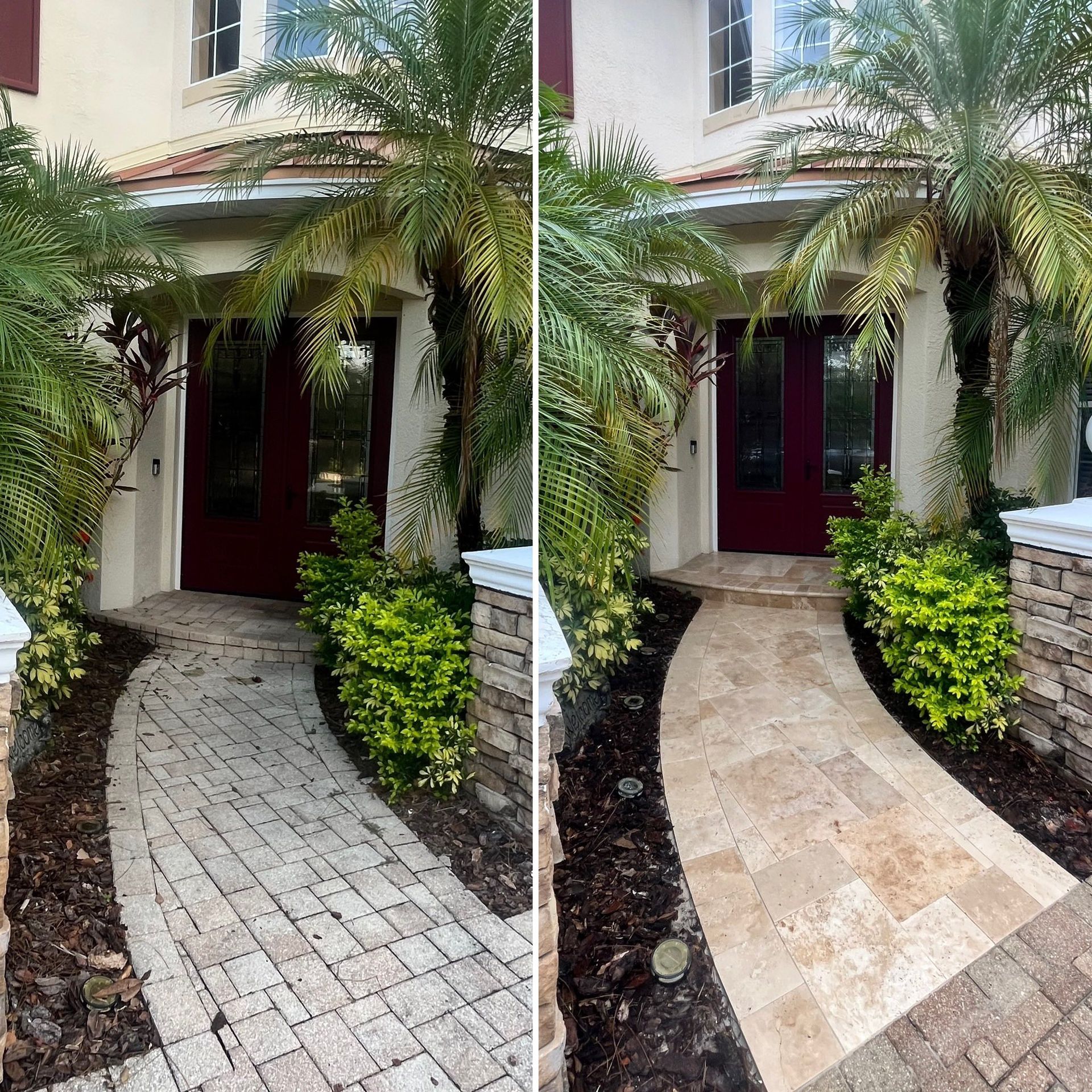 Comparison of a dirty vs. clean brick pathway leading to a house's front door with shrubbery and palm trees.