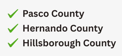 Three Florida counties with green check marks: Pasco, Hernando, and Hillsborough.